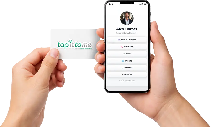 A NFC enabled digital business card opening a TapItToMe profile on a smartphone.